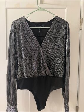 BCBGMaxAzria Silver Metallic Wrap Long-Sleeve Bodysuit